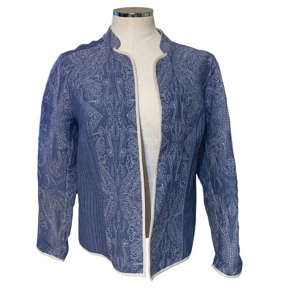 Chico's Embroidered Quilted Chambray Open Front Jacket Blue Medium - Picture 1 of 6